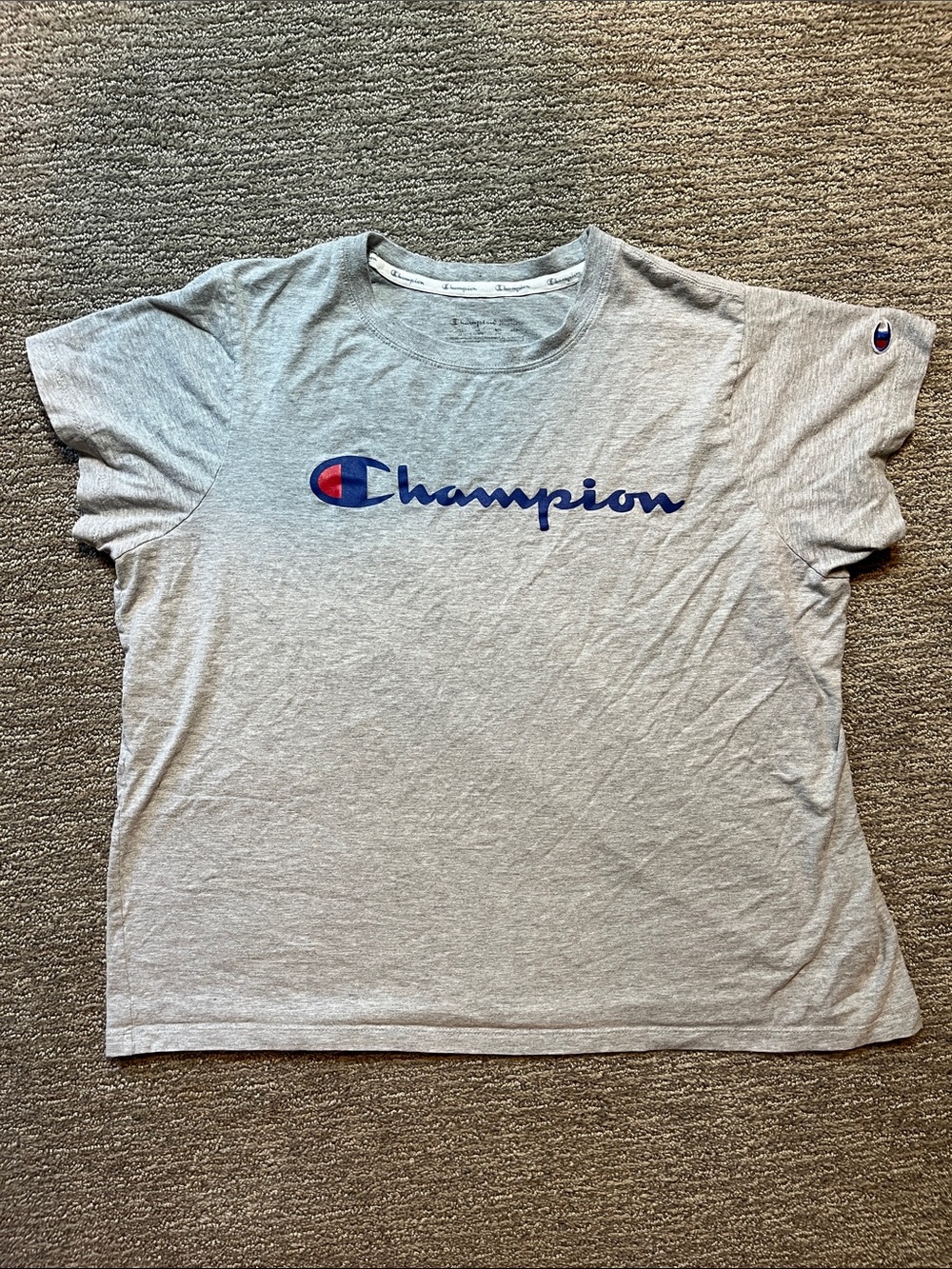 Champion Gray Tee with Blue Script Logo and Red Accent